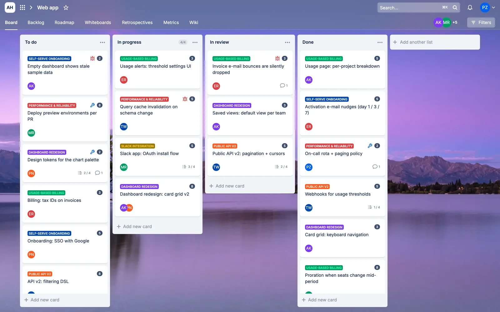 AgileHero kanban board with cards showing estimates, assignees, and checklists, and a list with a WIP badge reading 4/4.
