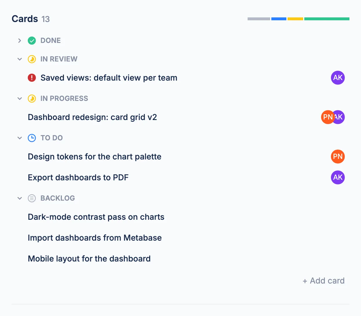 Cards section of an epic, with a progress bar in the header and cards grouped by status from Done down to Backlog, the Done group collapsed.