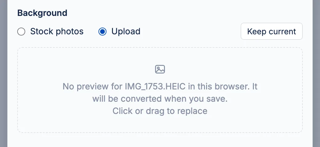 Background dropzone in the project's edit form showing: No preview for IMG_1753.HEIC in this browser. It will be converted when you save.