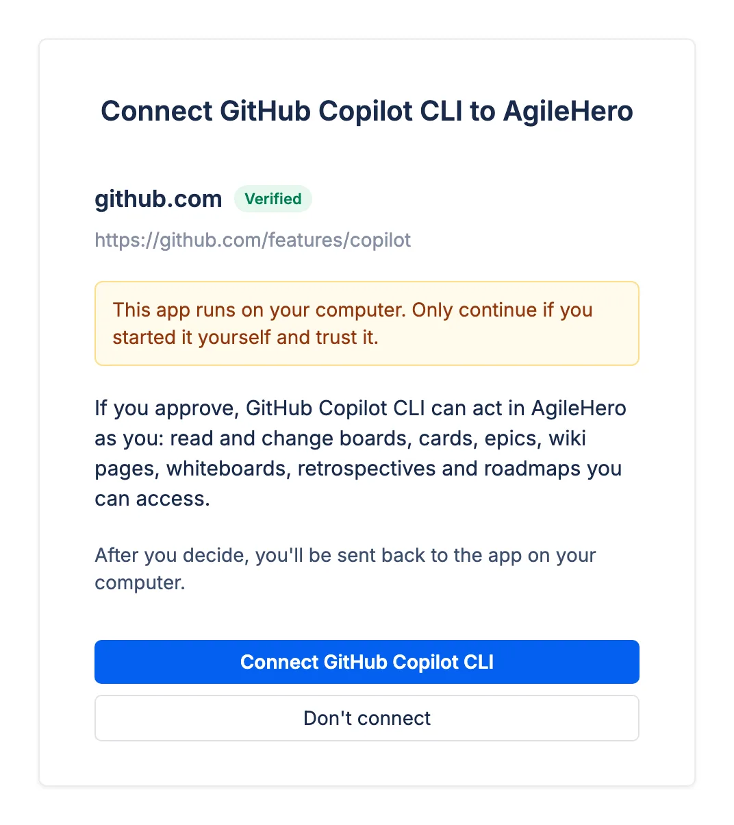 AgileHero consent page for an AI client, with its web address, a Verified pill, and Connect and Don't connect buttons.