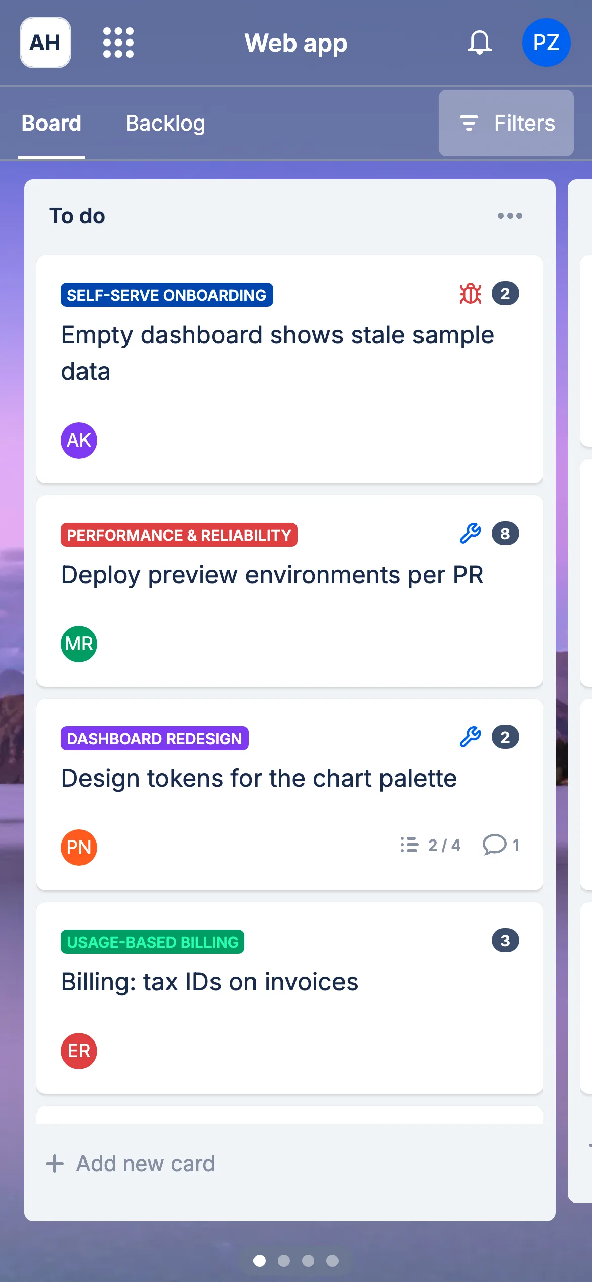 AgileHero board on a phone screen, showing a single list of cards.