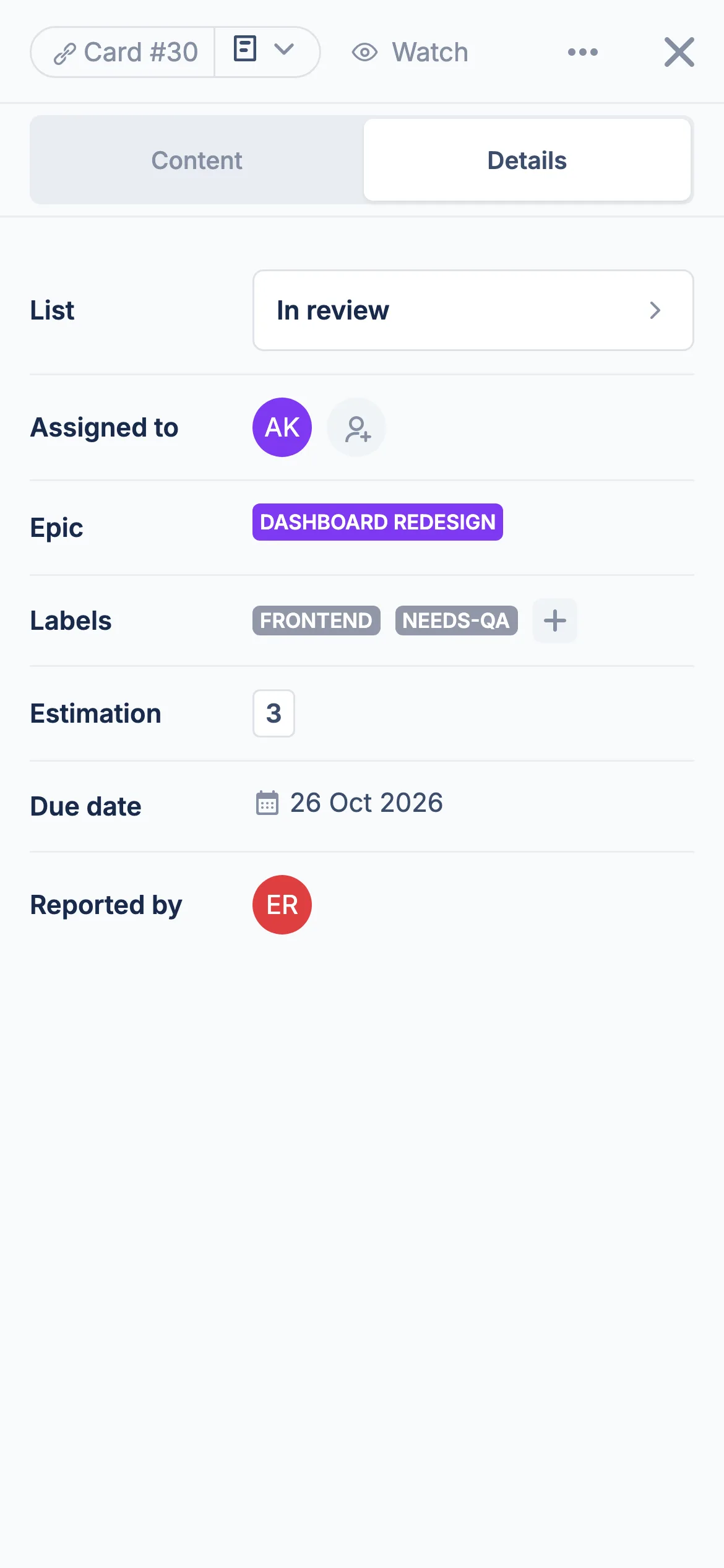 A card open full screen on a phone, with the Content and Details switch at the top and its assignees, labels, and due date below.